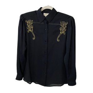 New Jouer black chiffon long sleeve shirt with gold embroidery Sz 6 - flawed